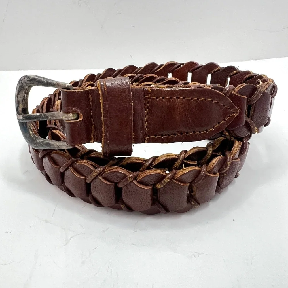 Genuine Leather Woven‎ Link Belt Dark Brown Solid Brass Buckle Made in India 90s